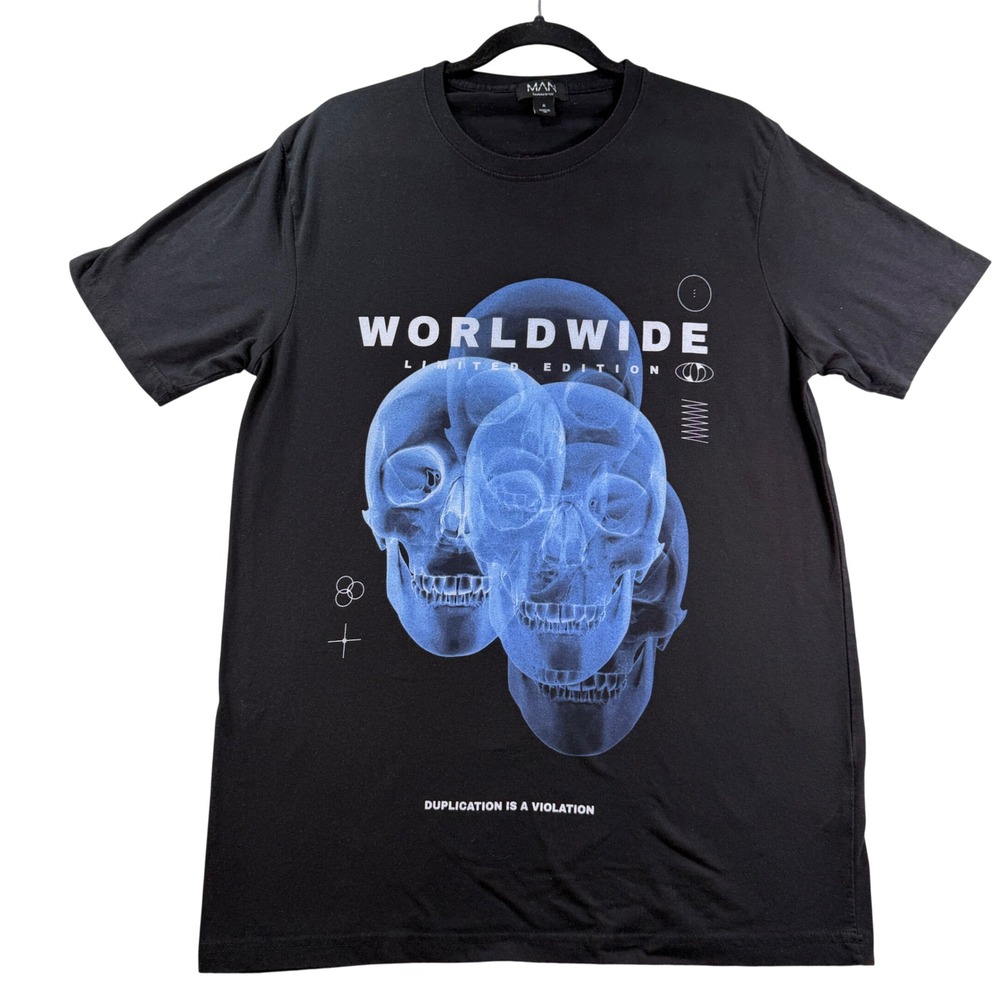 boohooMAN T-Shirt Worldwide Skull Graphic 100% Cotton Medium Black Streetwear